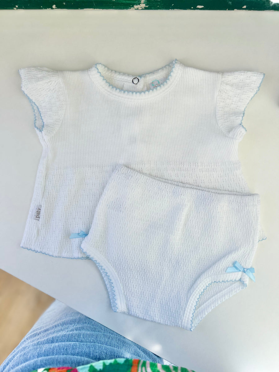 Paty 2 Piece Flutter Sleeve Diaper Set, White with Blue main image 0